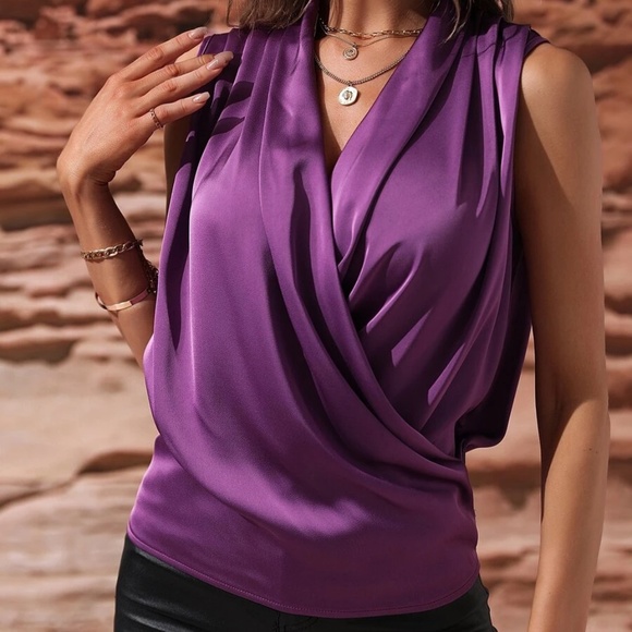 Luxe Satin Overlap Sleeveless Blouse - Picture 9 of 10